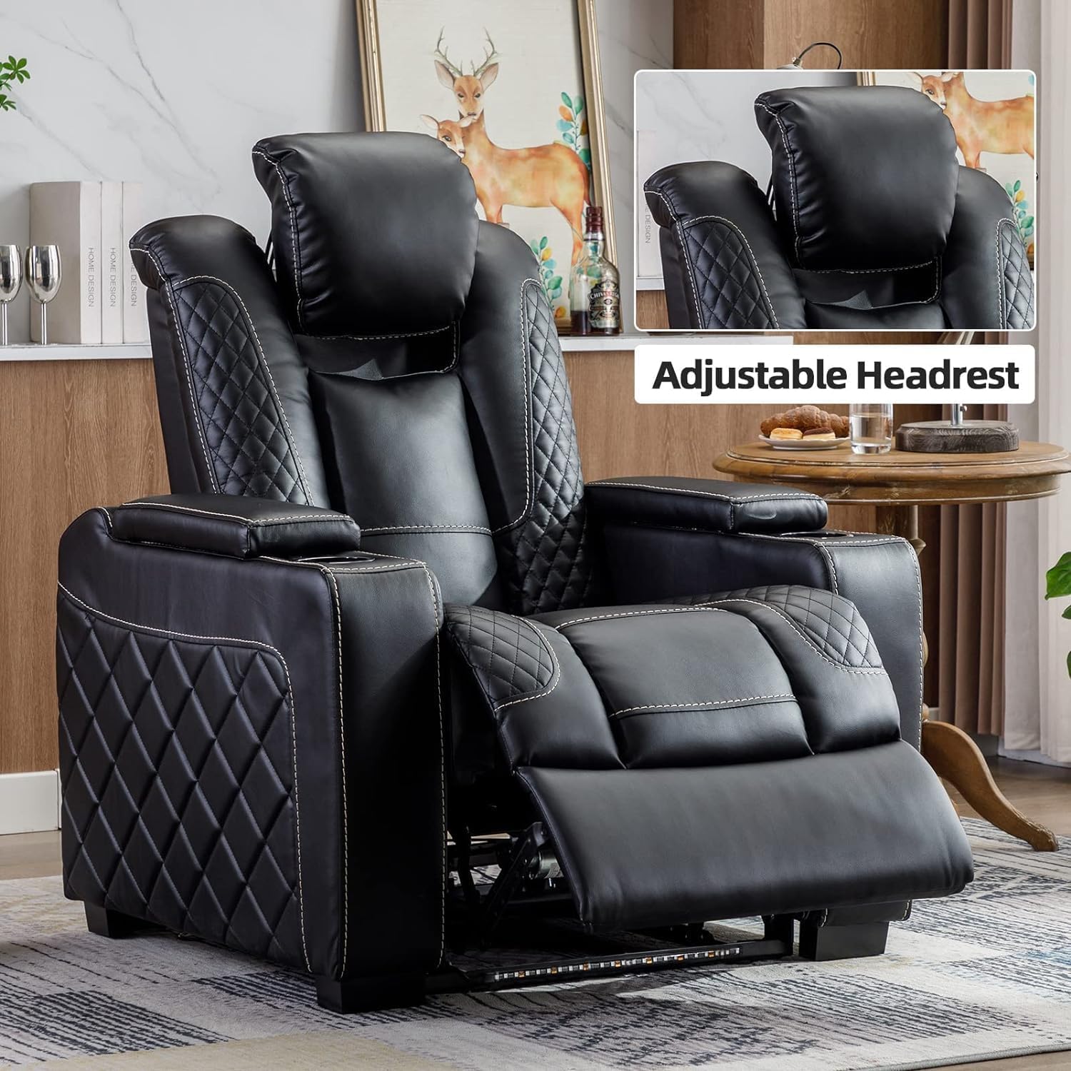 CANMOV Home Theater Seating Set of 2, Faux Leather Electric Power Recliner Chair with Ambient Lighting, Power Headrest, Lumbar Support, Cup Holders, Hidden Arm Storage, USB Ports, Black