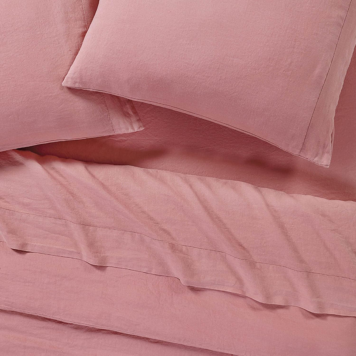 Sijo Stone Washed Organic French Linen Bed Sheet Set, GOTS Certified Organic, Best Cooling Linen Sheet Award by Sleep Foundation, 4 Piece - 2 Pillowcases, 1 Fitted and 1 Flat (Pink Clay, Cal King)