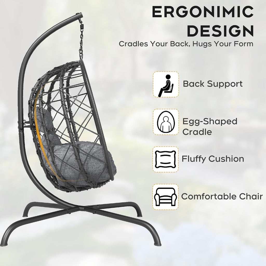 Foldable Hanging Egg Chair with Stand - Wicker Swing Hammock Chair with Cushion - for Patio Porch Balcony Weight Capacity 350lbs (Light Gray)