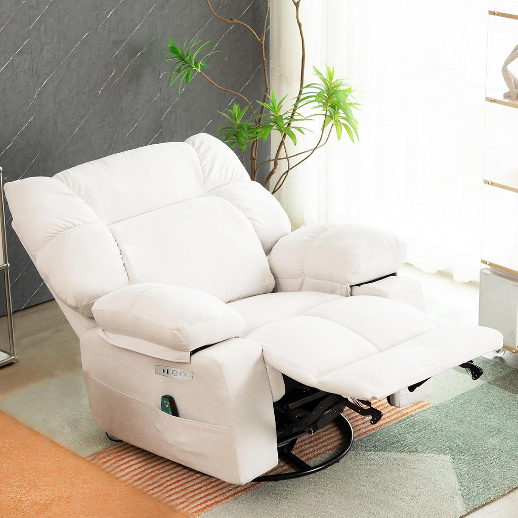 Power Swivel Rocker Recliner Chair Oversized for Adults, Electric Heated & Massage Chair Recliner with USB/Type-C, Fabric Nursery Recliner for Living Room,Bedroom, White