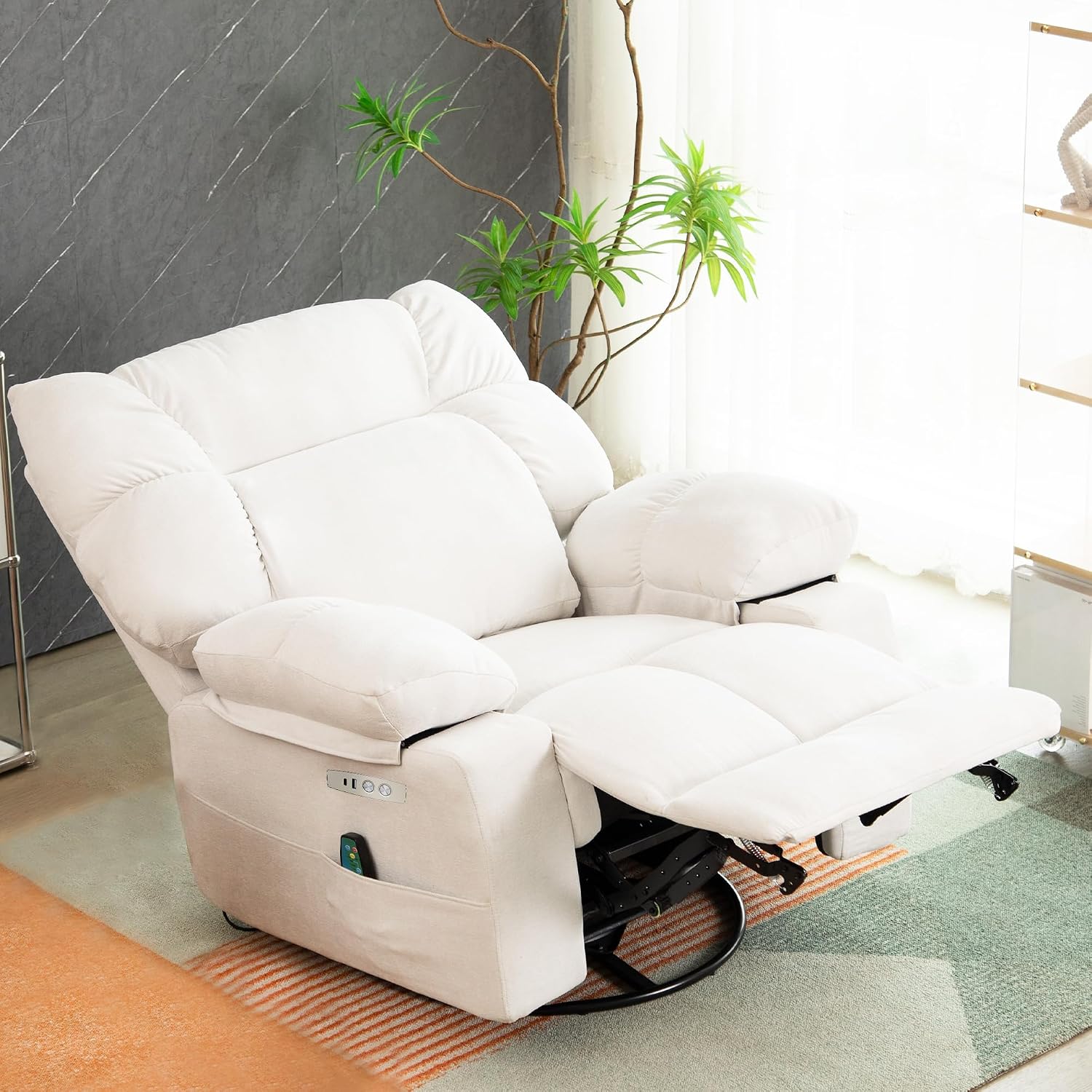 Power Swivel Rocker Recliner Chair Oversized for Adults, Electric Heated & Massage Chair Recliner with USB/Type-C, Fabric Nursery Recliner for Living Room,Bedroom, White