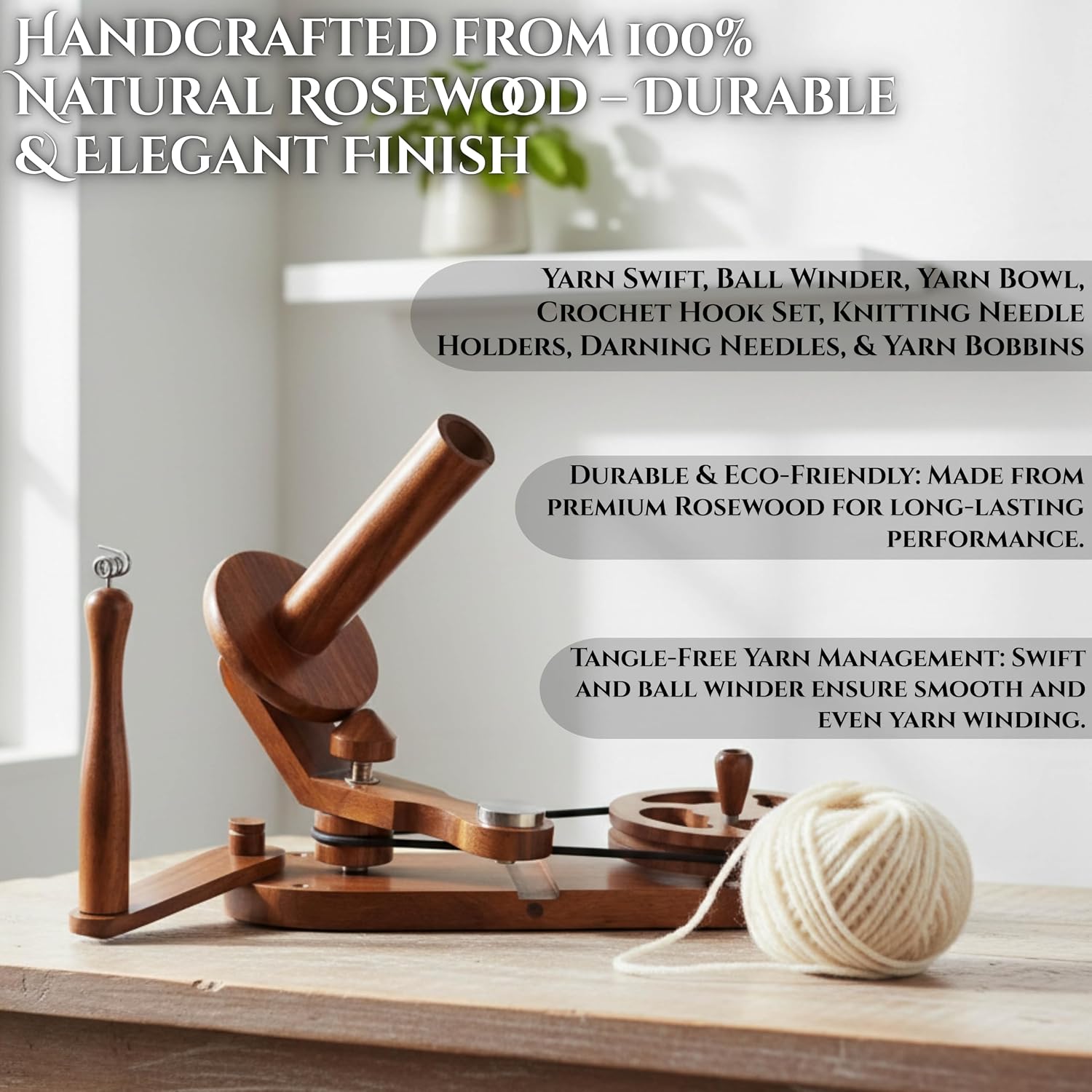 Brainmart Rosewood Yarn Winder & Swift with Wooden Yarn Bowl – 30pcs Crochet Kit | Handcrafted Wooden Ball Winder, Crochet Hooks Set, Bobbins, Weaving Needles for Knitting, Crocheting & Weaving