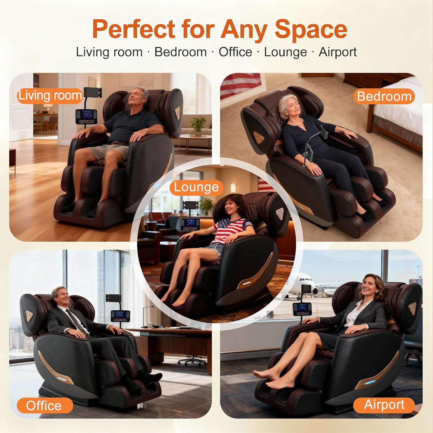 Massage Chair Full Body and Recliner, Zero Gravity Massage Chairs, 10 Fix Rollers, Airbags, Heating, Foot Massage, Auto Modes, Bluetooth Speaker and Touch Control Screen for Home and Office (Brown)
