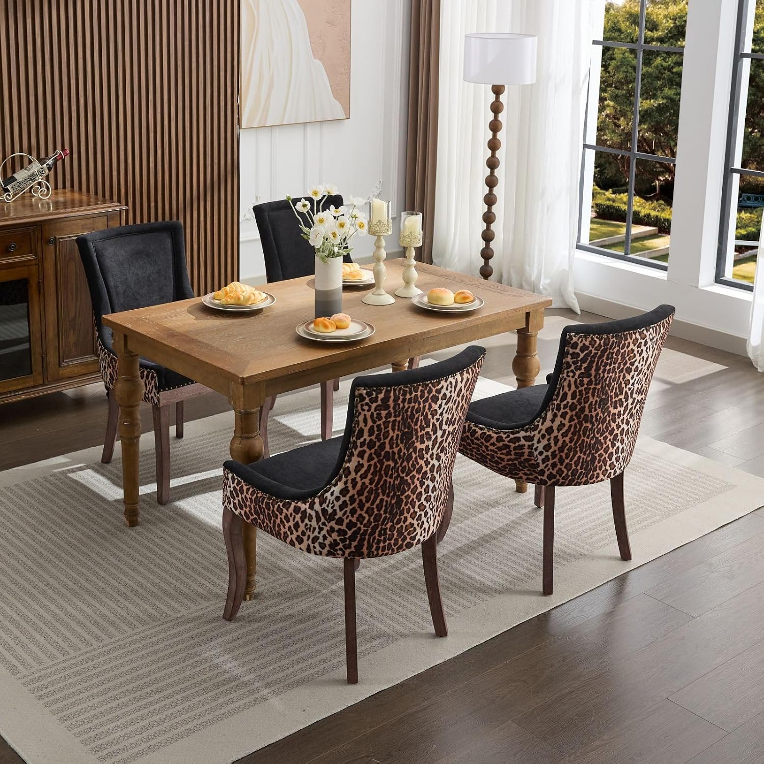 Ball & Cast Mid-century Upholstered Dining Chairs Set of 2, Thickened Fabric Wing Back Kitchen Side-Chairs with Bronze Nail Head & Toned Solid Wood Legs, Two Tone Traditional Chair,Black+Leopard Print