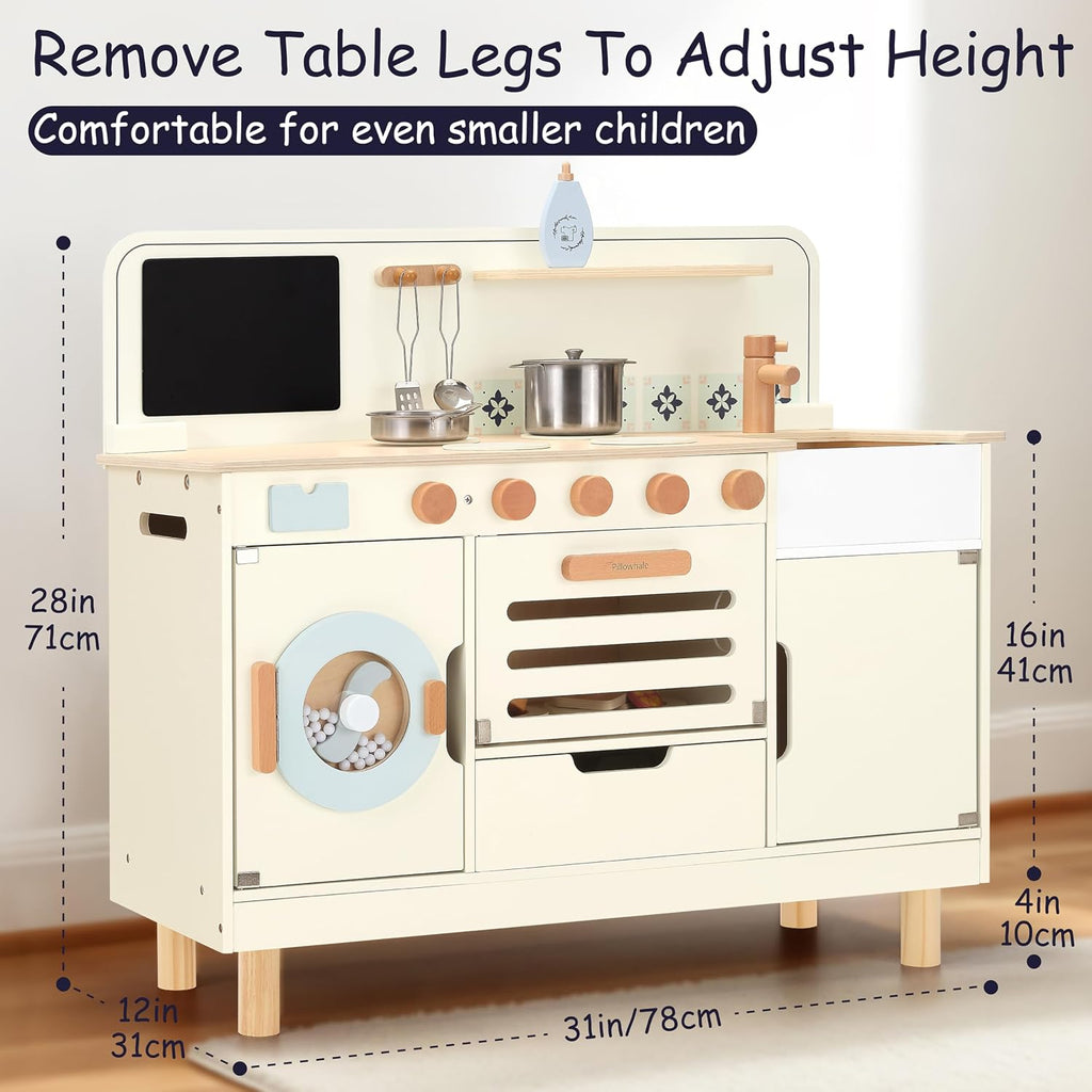 Pillowhale Wooden Play Kitchen with Washer – Large Interactive Toy Kitchen Set for Kids 3+ – Montessori Pretend Play Center with Metal Cookware & Chalkboard – Gift for Boys Girls