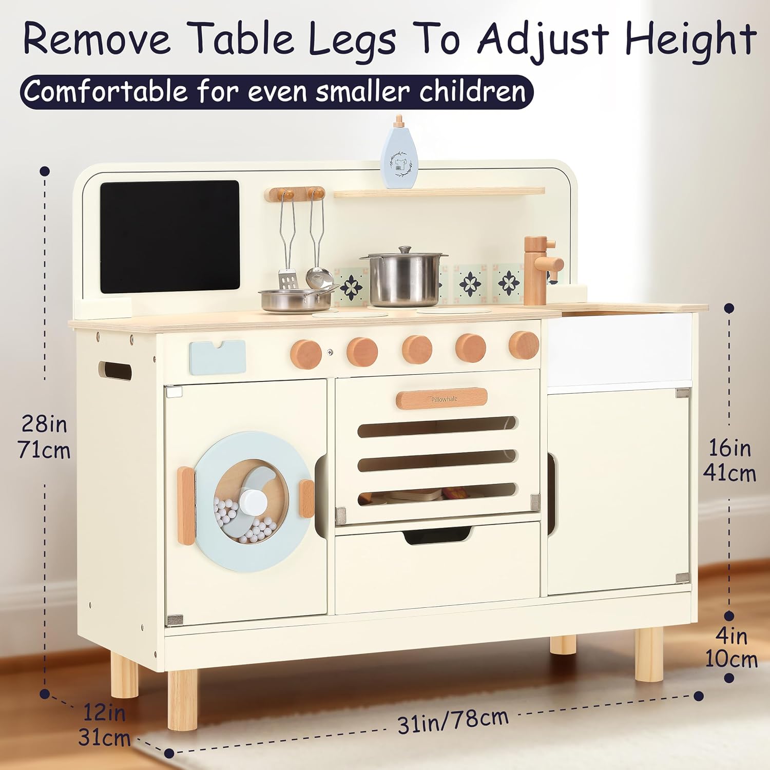 Pillowhale Wooden Play Kitchen with Washer – Large Interactive Toy Kitchen Set for Kids 3+ – Montessori Pretend Play Center with Metal Cookware & Chalkboard – Gift for Boys Girls