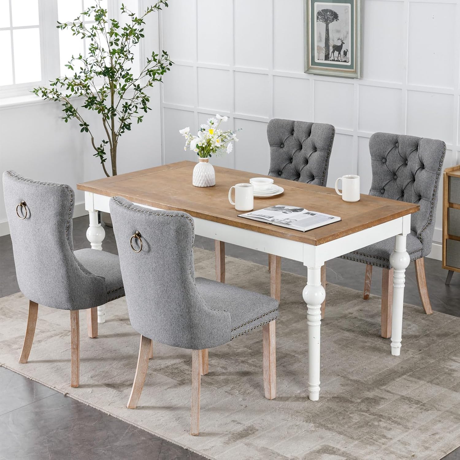 Ball & Cast Contemporary Upholstered Dining Chairs Set of 2, Button Tufted Kitchen Side-Chairs with Hang Ring & Nailhead Trims & Solid Wood Legs, 2-Piece Backrest Traditional Chair, Linen Gray