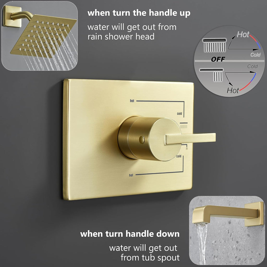 SOOOHOT Brushed Gold Shower Fixtues, Tub and Shower Faucet Set Combo with 6 Inch Gold Shower Head and Tub Spout, Gold Shower Head and Handle Set (Valve Included)