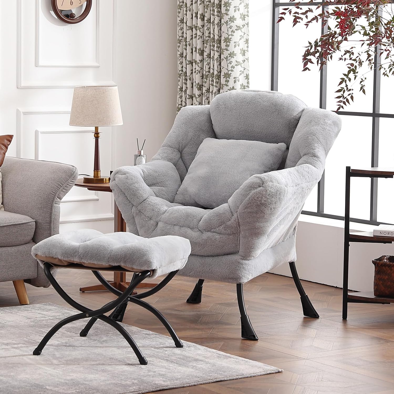 Lazy Chair with Ottoman, Large White Gray Lounge Accent Chair with Ottoman and FA Throw Pillow, Comfy Plush Reading Chair for Living Room Bedroom Dorm Room Office Apartment Relaxing Use