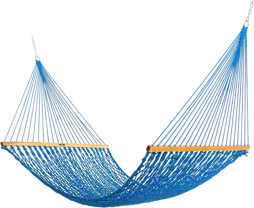 Original Pawleys Island Large Coatal Blue DuraCord Rope Hammock – 13 ft. x 55 in., 2-Person, 450 lb Capacity, Oak Spreader Bar, Zinc-Plated Hardware, Handcrafted in the USA