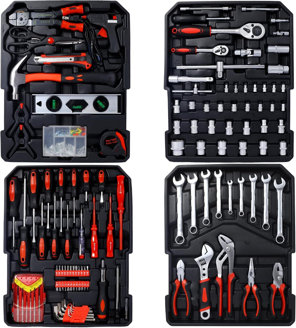 899pcs Home Repair Tool Set Kit for Men, Toolbox Storage Case with 4 Drawers, General Household Tool Kit with Rolling Tool Box, Tool Set Kit for Maintenance, Garden, Homeowner, Handyman,Silver Case