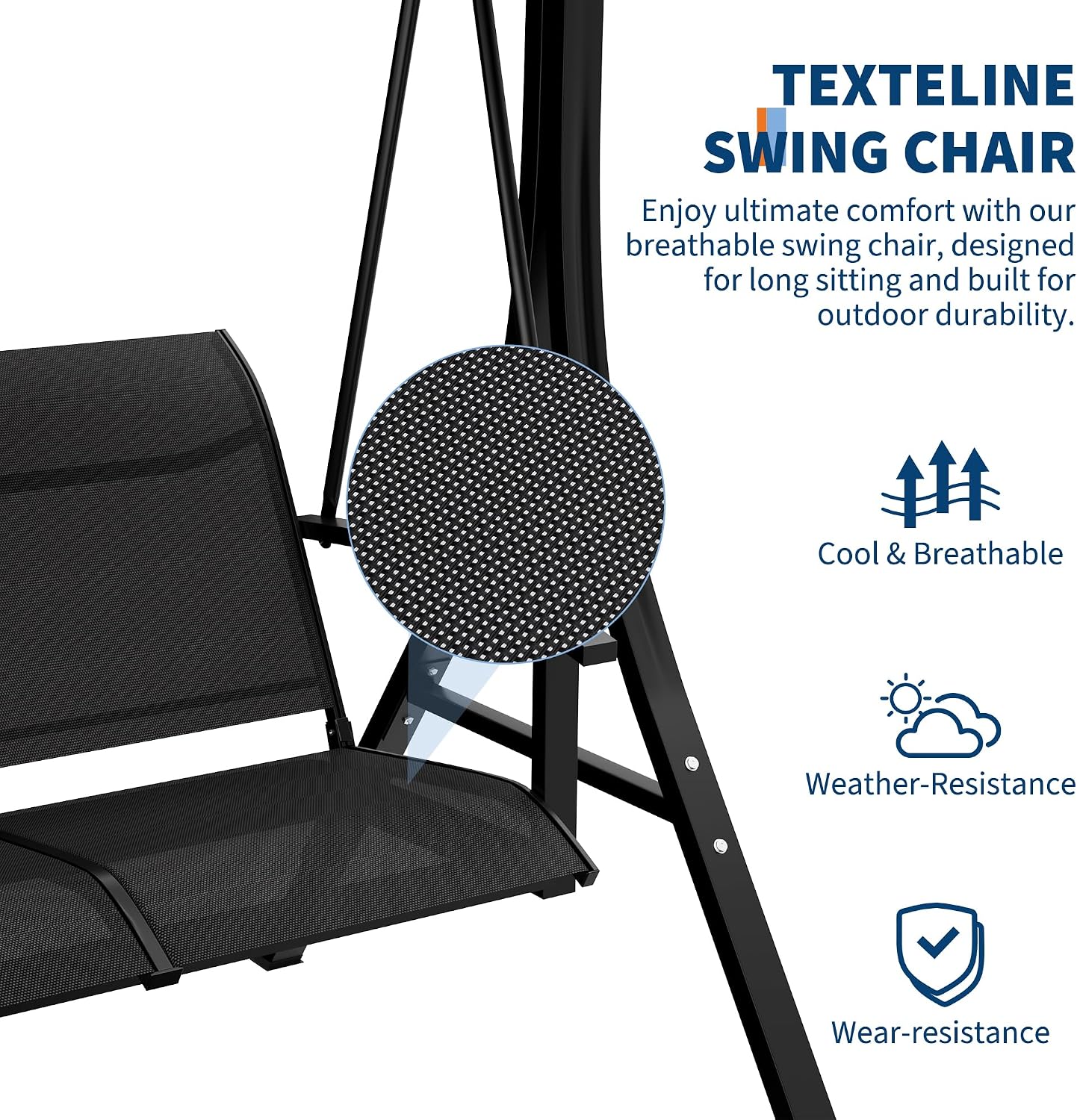 GarveeLife 3-Seat Patio Swing Chair, Outdoor Porch Hanging Swings with Adjustable Canopy and Armrests, Breathable Textilene Fabric Seat & Backrest, Swing Bench for Garden, Poolside, Backyard, Black