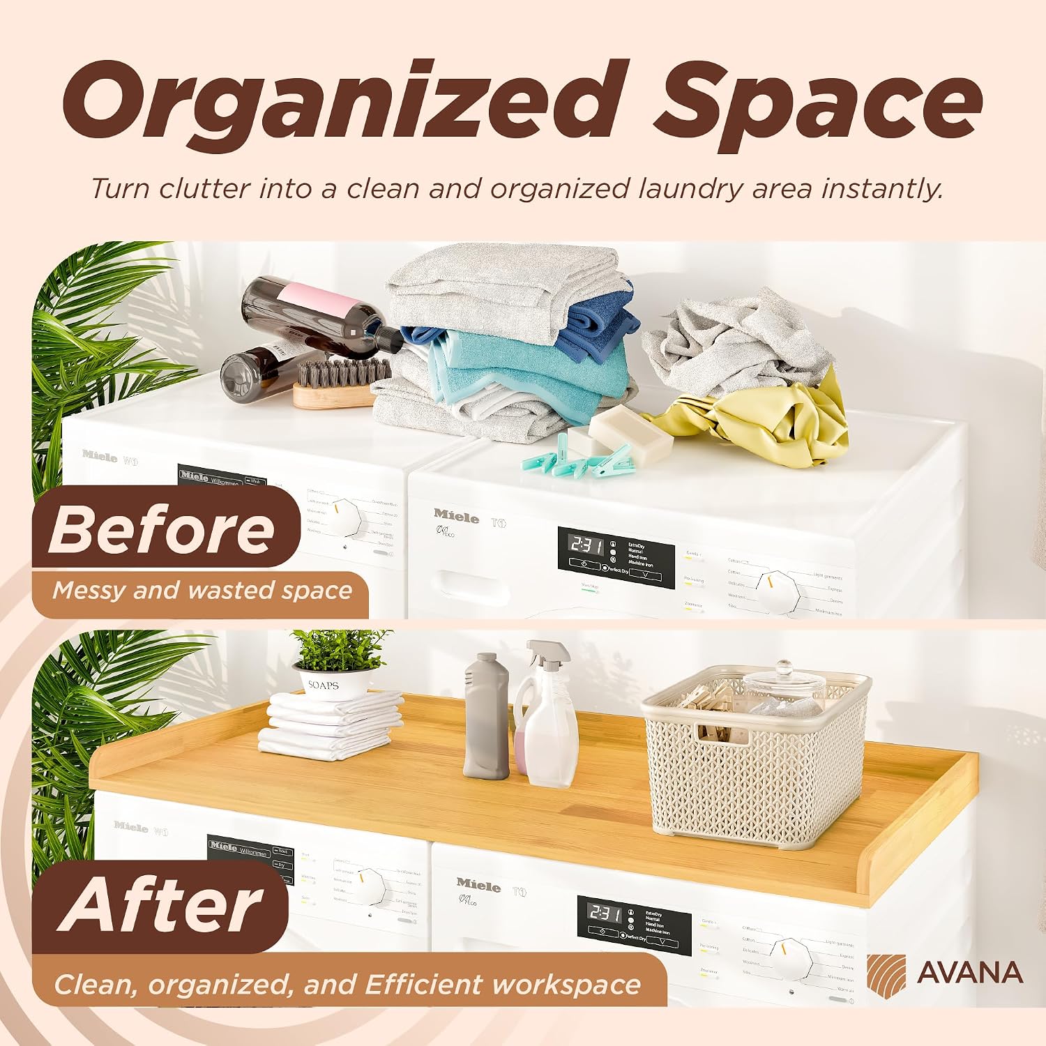 Avana (100% Natural Solid Wood Washer Dryer Countertop – Oak Pine Laundry Countertop with Raised Edges, 54' x 27.5' Counter Top for Washer and Dryer, Laundry Room Organizer & Tabletop
