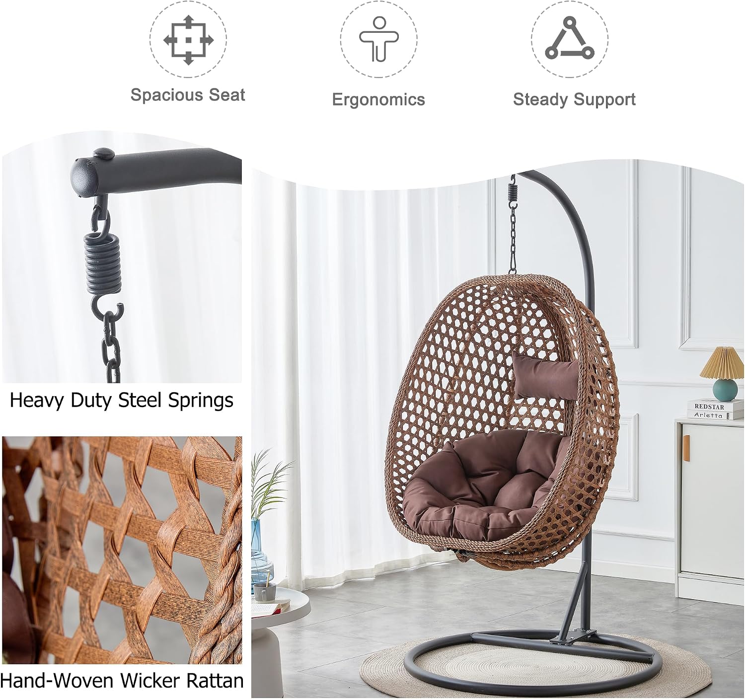 Egg Swing Chair with Stand for Outdoor Indoor, Hanging Egg Chair with Cushion and Pillow, Lounge Chair, Foldable Basket and Metal Stand for Porch, Patio, Bedroom, Balcony,Yard (Brown)