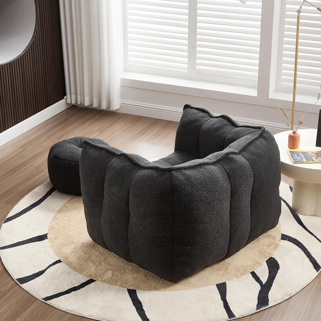 Giant Bean Bag Chair with Ottoman, Oversized Beanbag Chair for Adults, Comfy Floor Sofa Chair with Foam Filler, Pumpkin Lazy Lounger for Living Room, Game Room, Reading Corner, Chenille Black