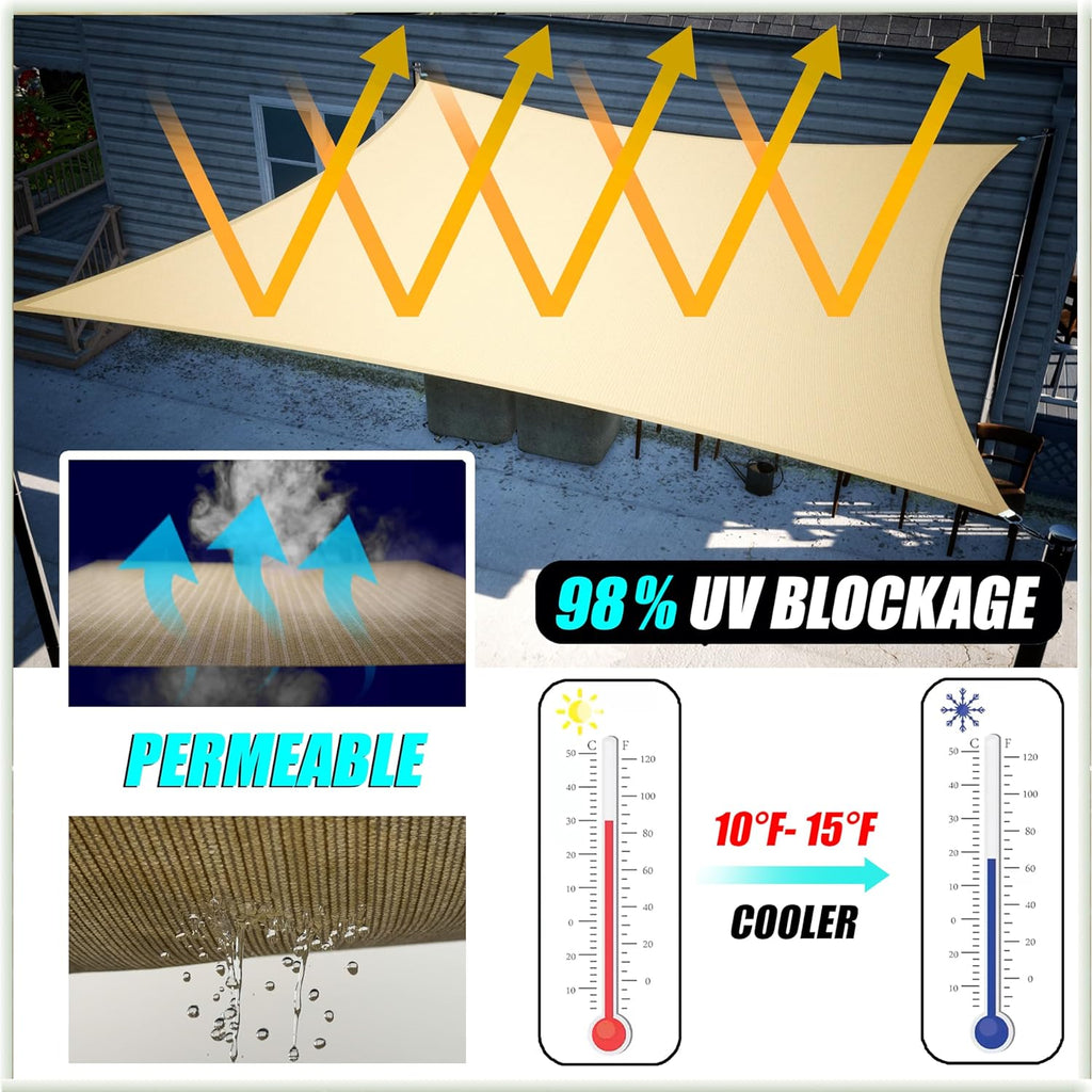 Amgo Custom Size 8' x 21' Beige Rectangle Square Sun Shade Sail UPF50+ AGTAPS10, Order to Make Canopy Awning, 95% UV Blockage, Water & Air Permeable, Commercial and Residential (We Customize)