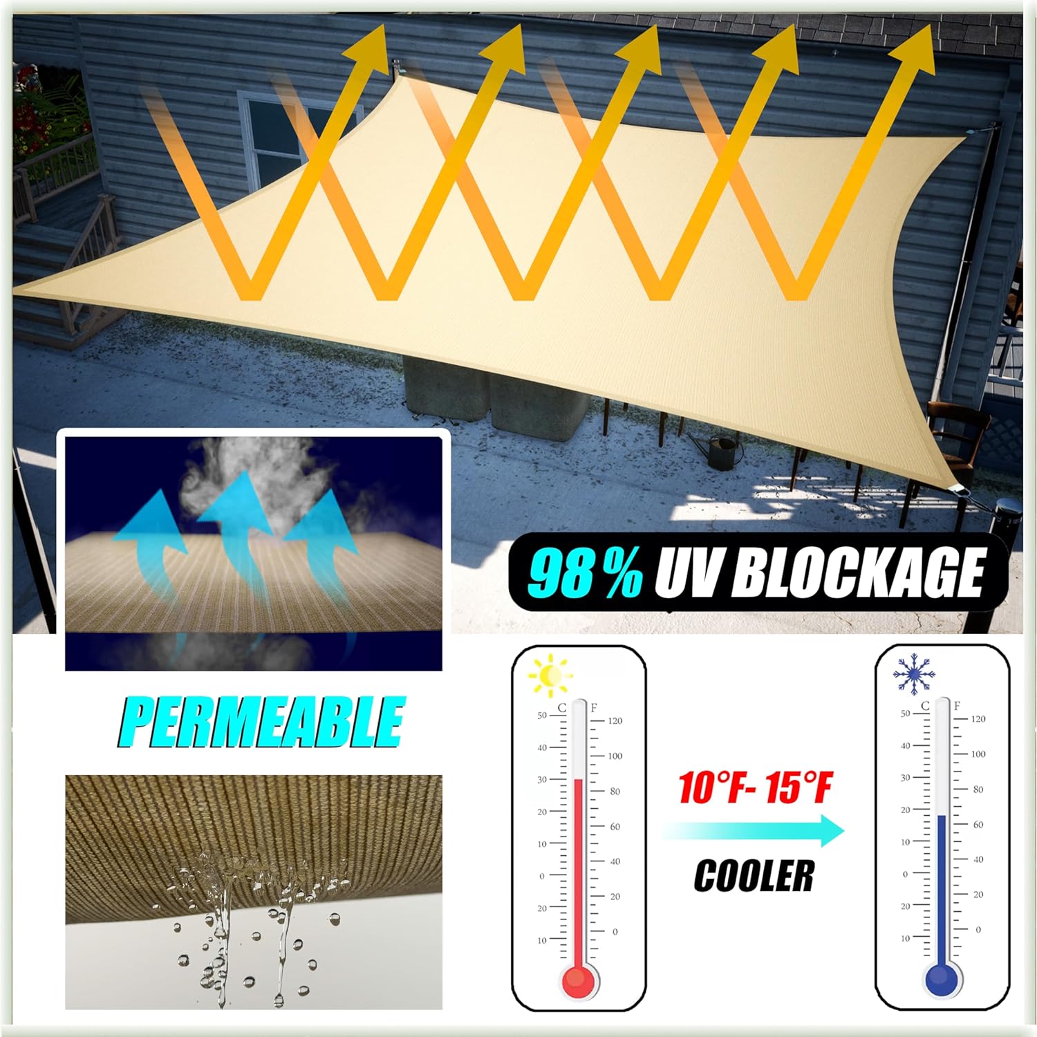 Amgo Custom Size 8' x 21' Beige Rectangle Square Sun Shade Sail UPF50+ AGTAPS10, Order to Make Canopy Awning, 95% UV Blockage, Water & Air Permeable, Commercial and Residential (We Customize)