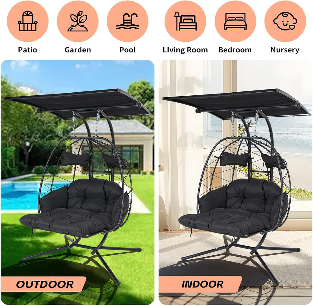 Double Egg Chair Outdoor with Stand & Canopy, 2 Person Hanging Egg Chair with Footrest, Oversized Rattan Wicker Egg Swing Chair for Patio Backyard Garden, 660Lbs, Black