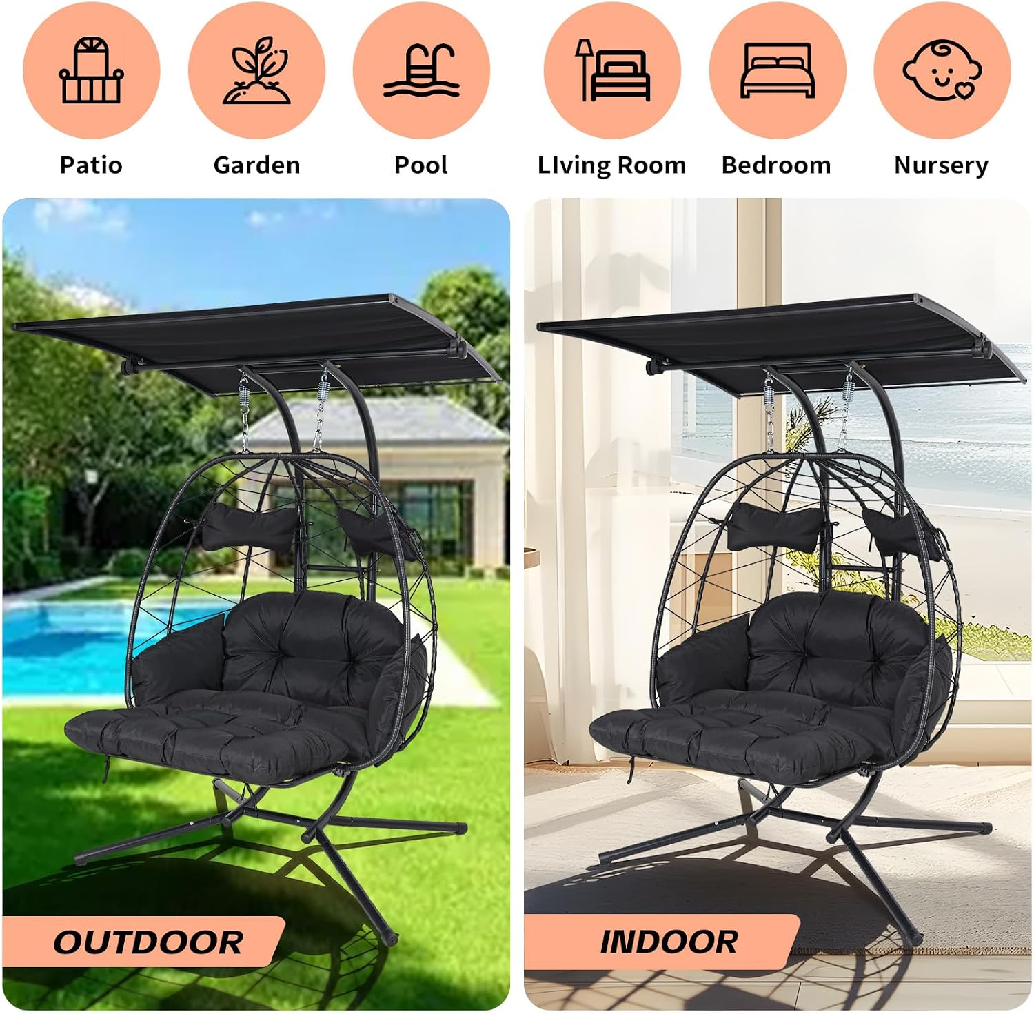 Double Egg Chair Outdoor with Stand & Canopy, 2 Person Hanging Egg Chair with Footrest, Oversized Rattan Wicker Egg Swing Chair for Patio Backyard Garden, 660Lbs, Black