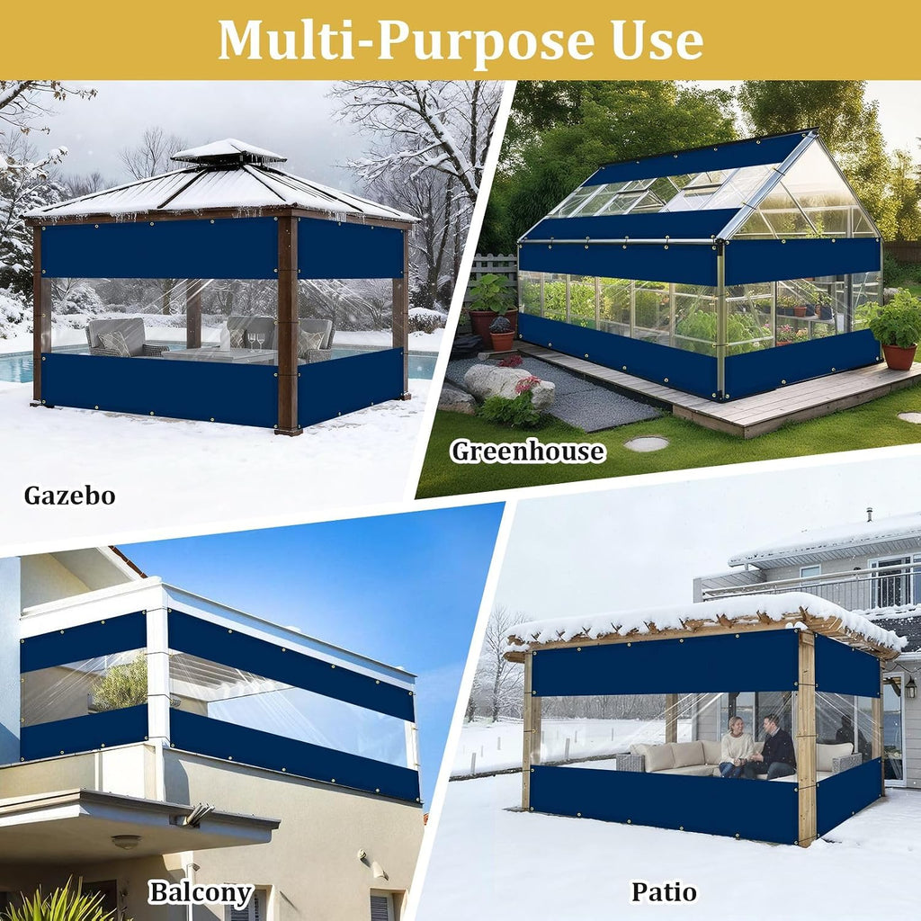 Shade&Beyond Outdoor Vinyl Curtain, 12'W x 20'L Heavy Duty Clear Tarp with Grommets Waterproof, Privacy Clear Panel UV-Resistant for Pergola Gazebos Porch Enclosure Patio(Customized Size, Blue)