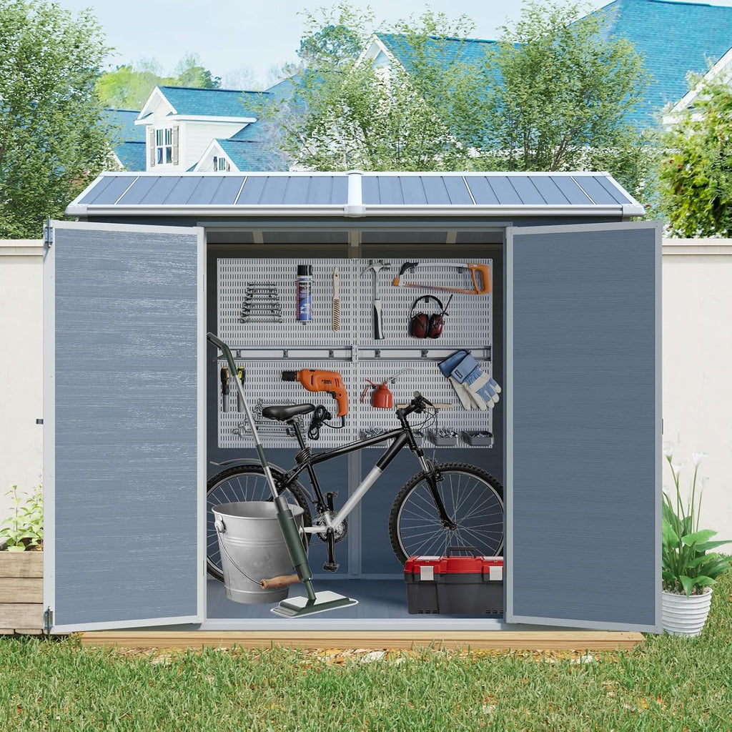 Plastic Storage Shed with Floor, Resin Shed with Floor, 8x4FT Outdoor Shed with 2 Windows and Lockable Door Sheds for Garden Tools, Bike