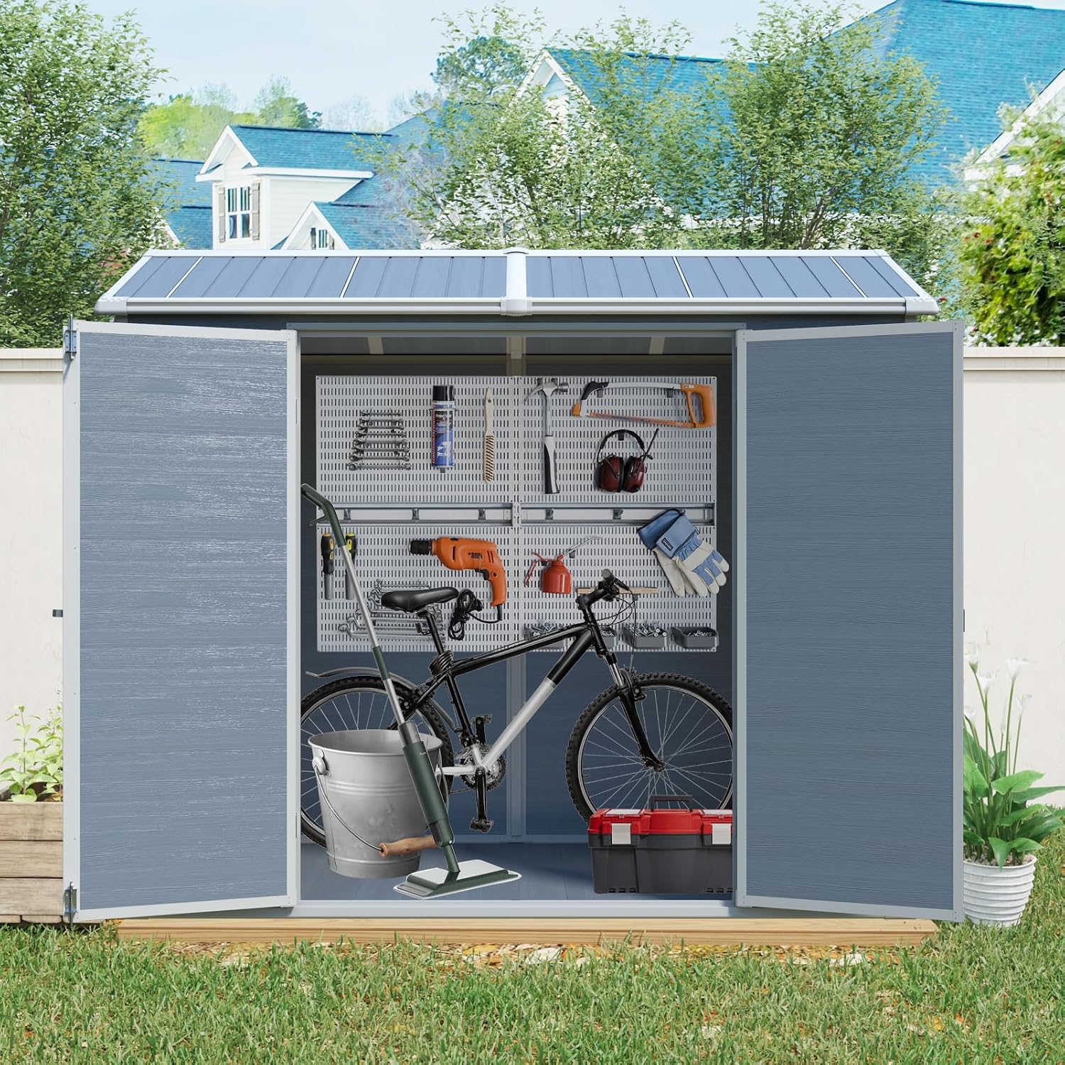 Plastic Storage Shed with Floor, Resin Shed with Floor, 8x4FT Outdoor Shed with 2 Windows and Lockable Door Sheds for Garden Tools, Bike