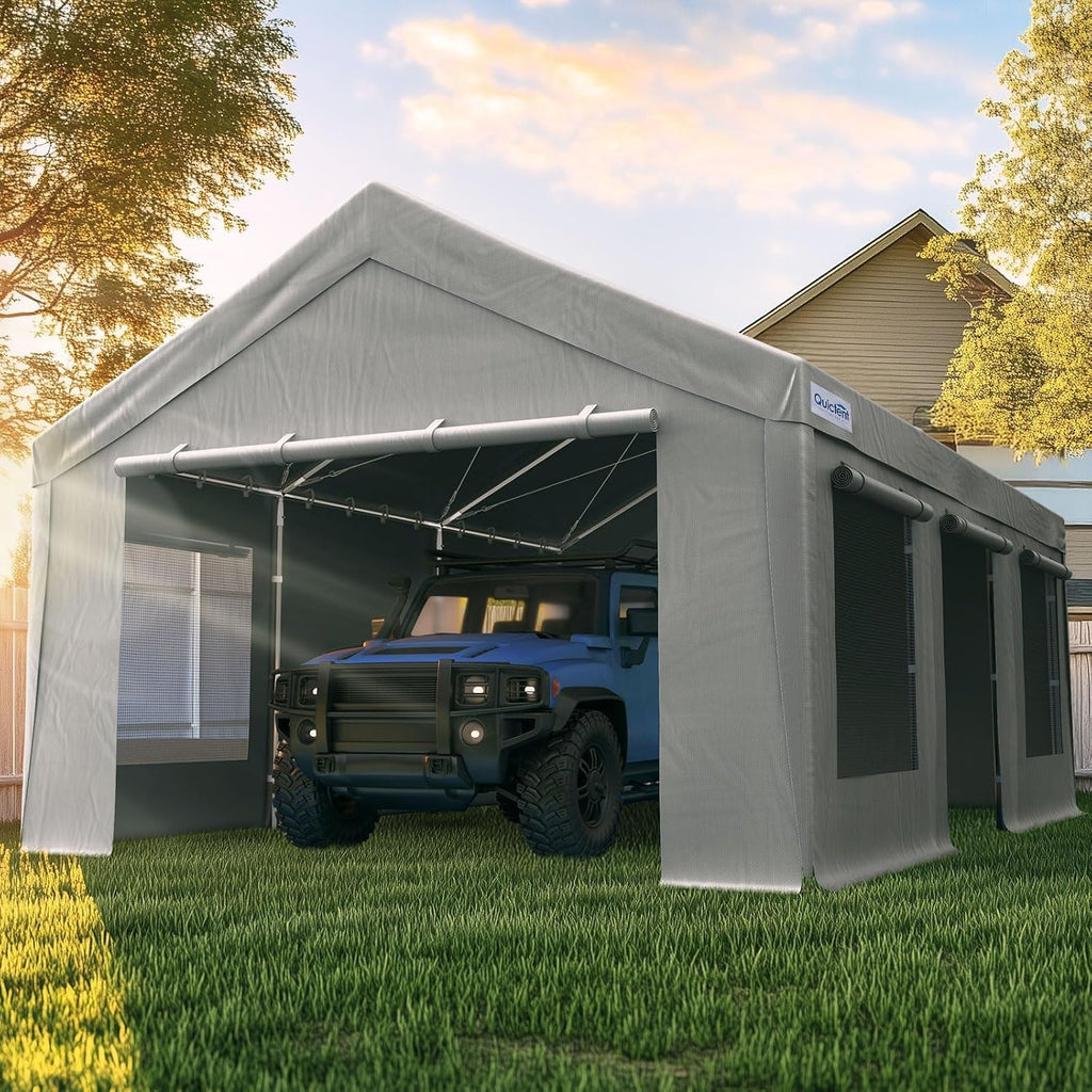 Quictent Heavy Duty 10x20 ft Carports with Side Zipper Doors & Snowproof Steel Cables & Ventilated Windows, Waterproof Storage Shelter for Car, Boat, RV, Outdoor Equipment, Gray
