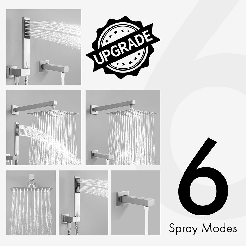 KES Shower System Pressure Balancing Shower Valve with Tub Faucet Spout Set Handheld and 10 Inch Rainfall Shower Head Combo All Metal Brushed Finish, XB6300-BN