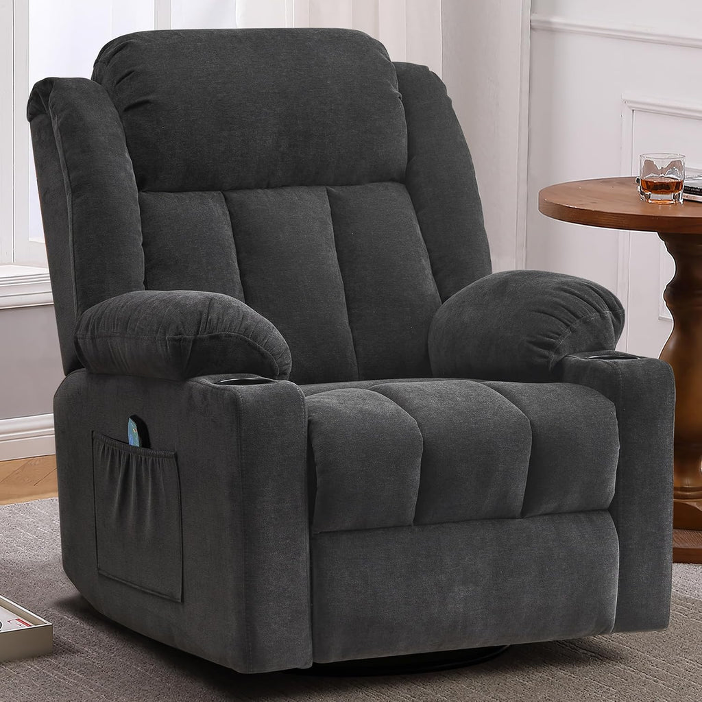 Ketaiyou Rocker Swivel Recliner Chair for Adults, Overstuffed Large Manual Recliner Glider with Massage and Heat, Comfy Soft Fabric Living Room Reclining Sofa Chair (Black1)