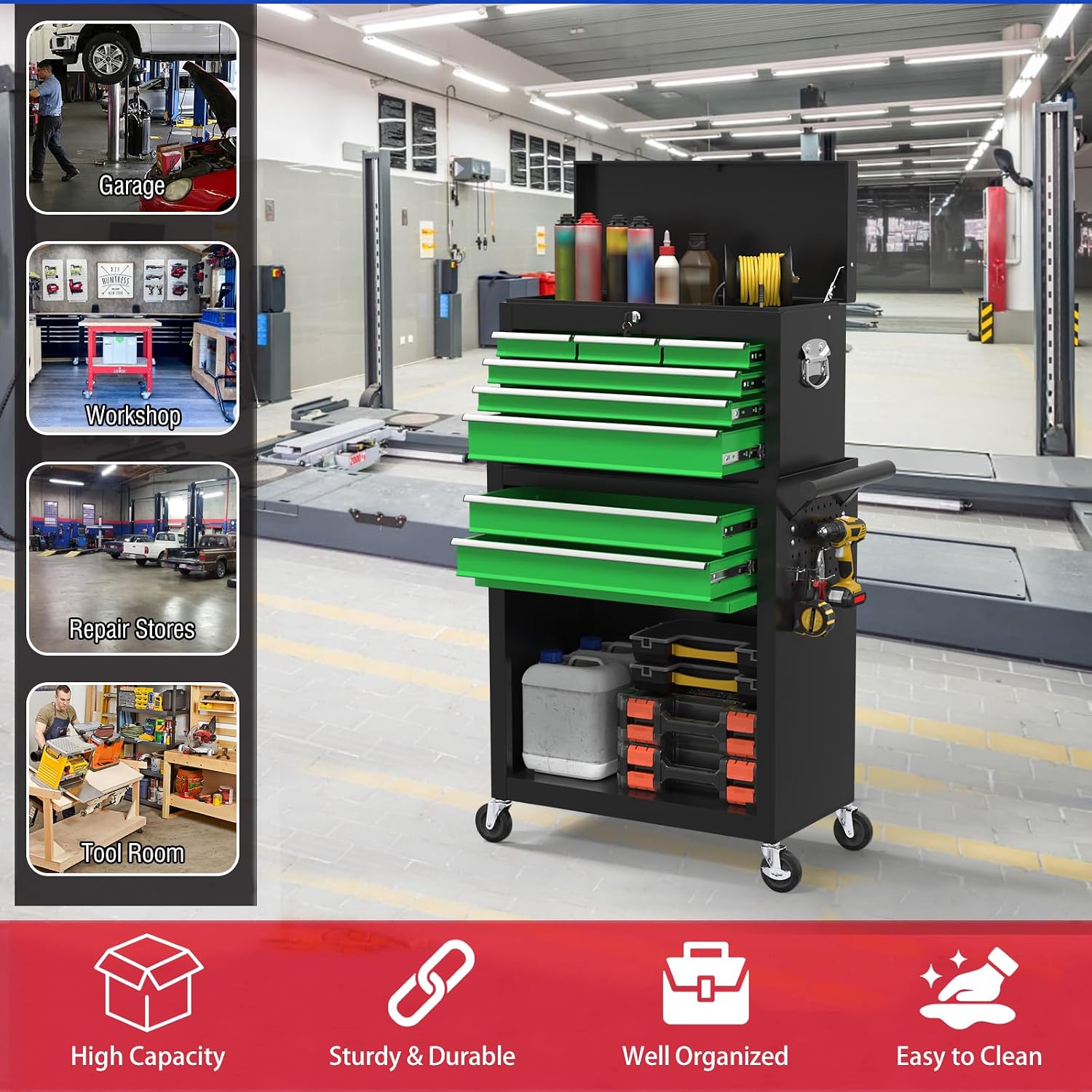 8 Drawers Rolling Tool Chest with Drawers, High Capacity Toolbox on Wheels, Lockable Drawers Tool Box Organization and Storage, Tool Cabinets on Wheels for Garage (BlackGreen, 8 Drawers)