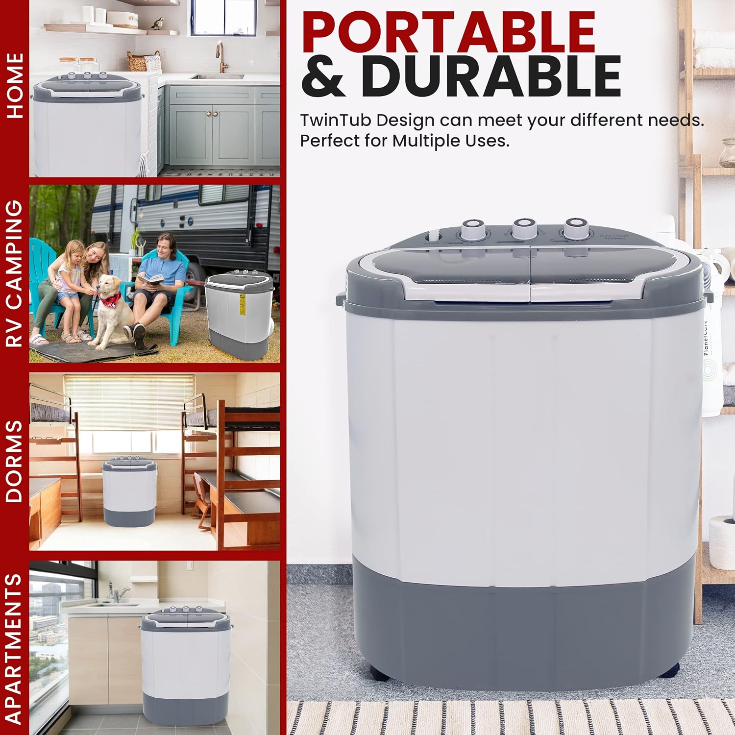 Pyle Portable Washing Machine - Twin Tub 11Lbs Capacity, Compact Mini Laundry Washer (7.7 Lbs) & Spinner (3.3 Lbs) with Timer Control - Perfect for Home, Apartment, Camping, RVs and Dorms (Grey)