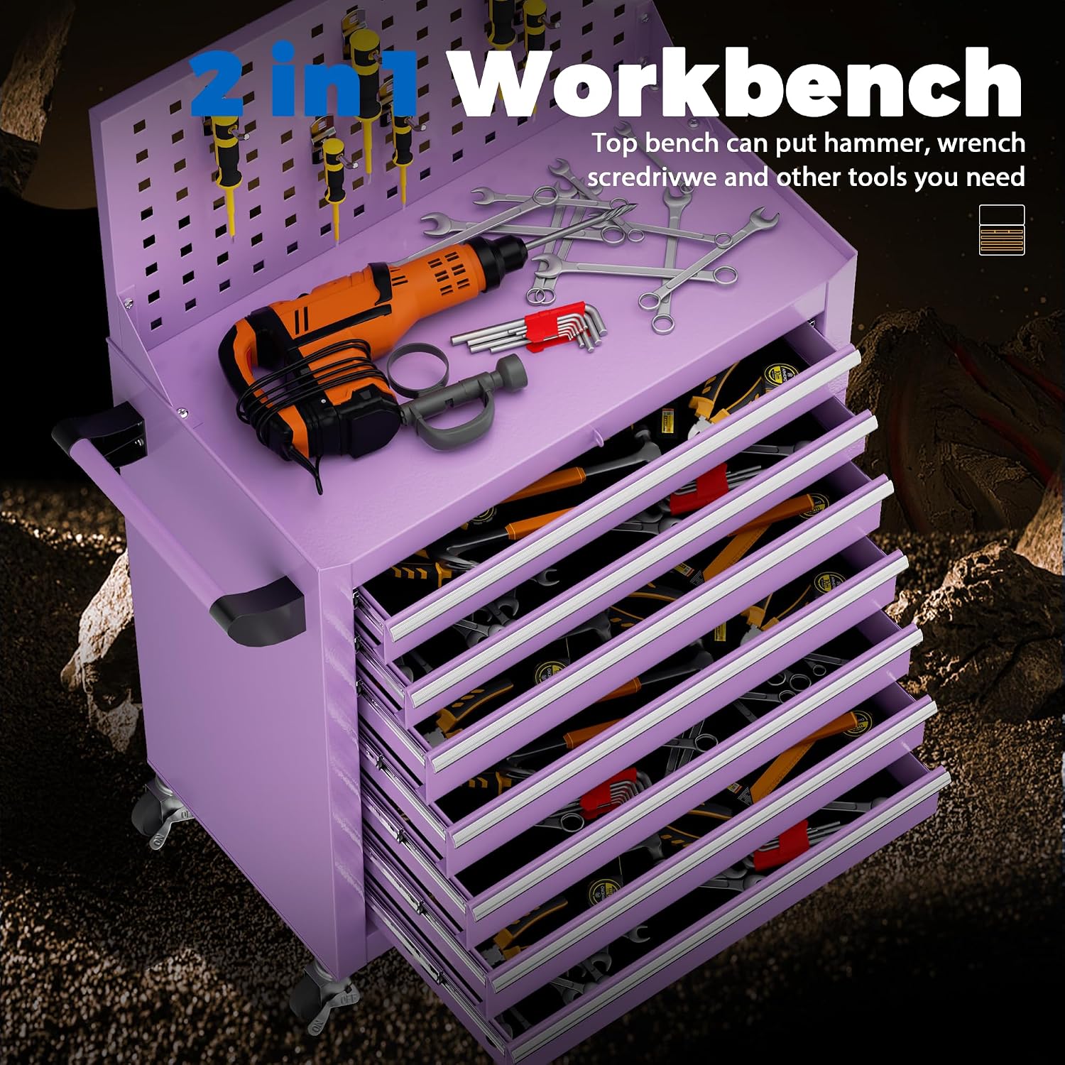 INTERGREAT 7 Drawers Rolling Tool Box with Pegboard,Portable Tool Chest with Wheels, Tool Box Organizer with Locking System for Garage, Purple