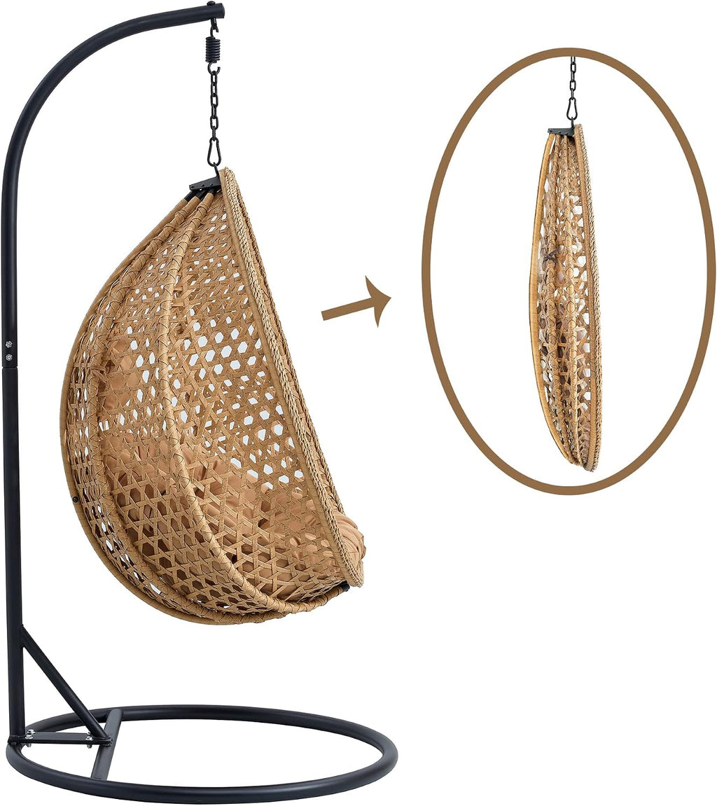 Egg Swing Chair with Stand,Swing Egg Chair with Stand, Rattan Hanging Egg with Soft Cushion, Outdoor Hanging with Foldable Basket & Metal Stand for Bedroom Patio (Light Brown)