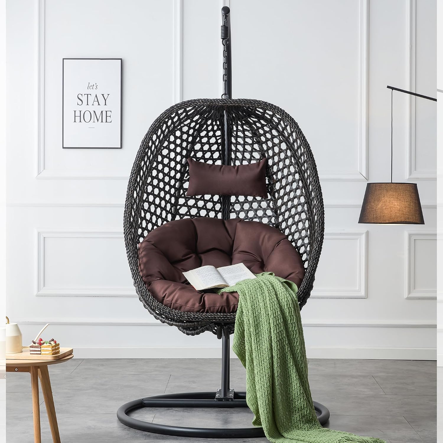 Swining Egg Chair with Stand,Wicker Rattan Hanging Egg Chairs, Patio Swing with UV Resistant Cushion, Outdoor Indoor Hanging with Foldable Basket Metal Stand for Bedroom (Black-S)