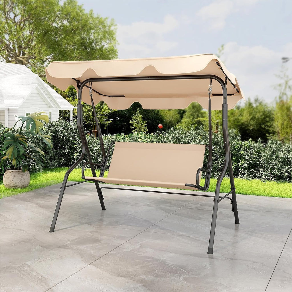 DREAMADE Porch Swing Outdoor, 3 Person Patio Swing w/Removable Cushion, Stand & Adjustable Canopy, Heavy Duty Swing Chair for Patio, Garden, Courtyard, Poolside