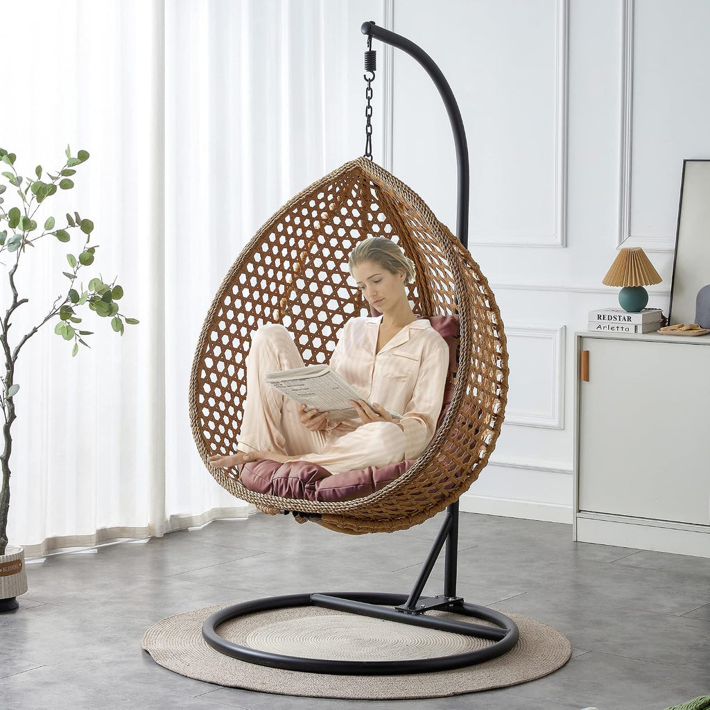 Egg Swing Chair with Stand,Brown Swing Egg Chair with Stand, Rattan Hanging Egg Chairs with Soft Cushion, Outdoor Hanging Chair with Foldable Basket & Metal Stand for Bedroom Patio (Brown)