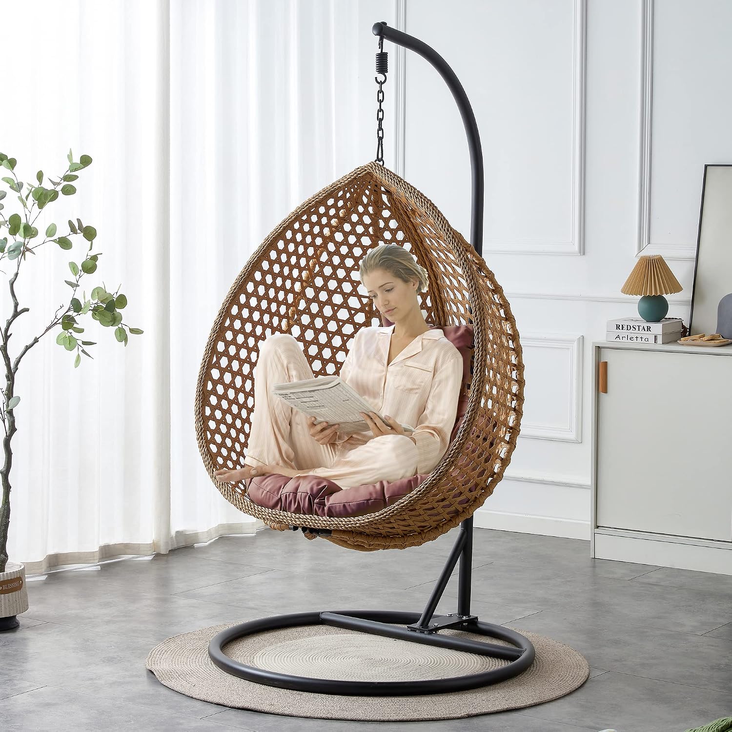 Egg Swing Chair with Stand,Brown Swing Egg Chair with Stand, Rattan Hanging Egg Chairs with Soft Cushion, Outdoor Hanging Chair with Foldable Basket & Metal Stand for Bedroom Patio (Brown)