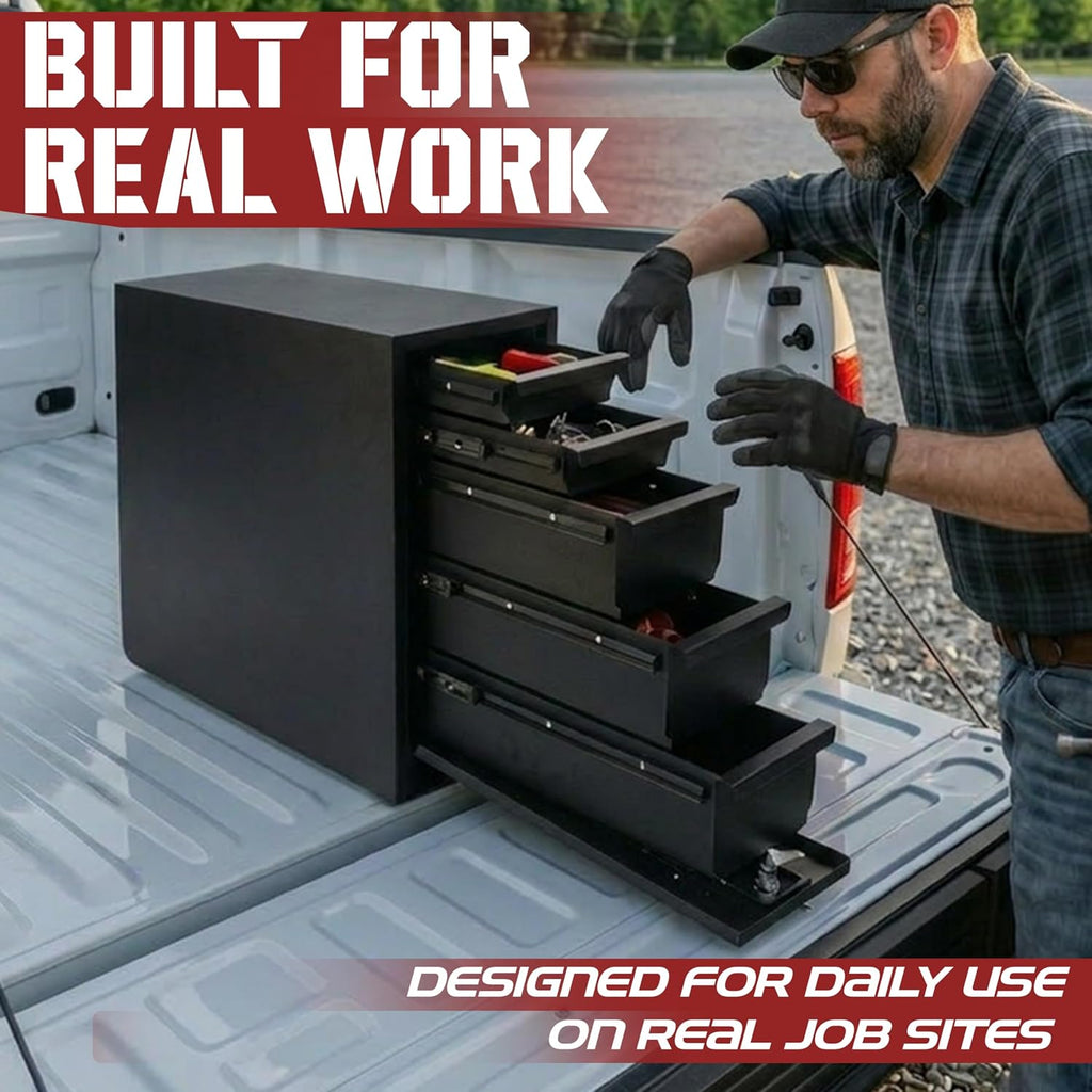 Truck Bed Tool Box with 5-Drawer Slides | Lockable Heavy-Duty Tool Chest Storage for Pickup, Jobsite & Side Trucks | 8-Inch Toolbox with Key (Black Steel)