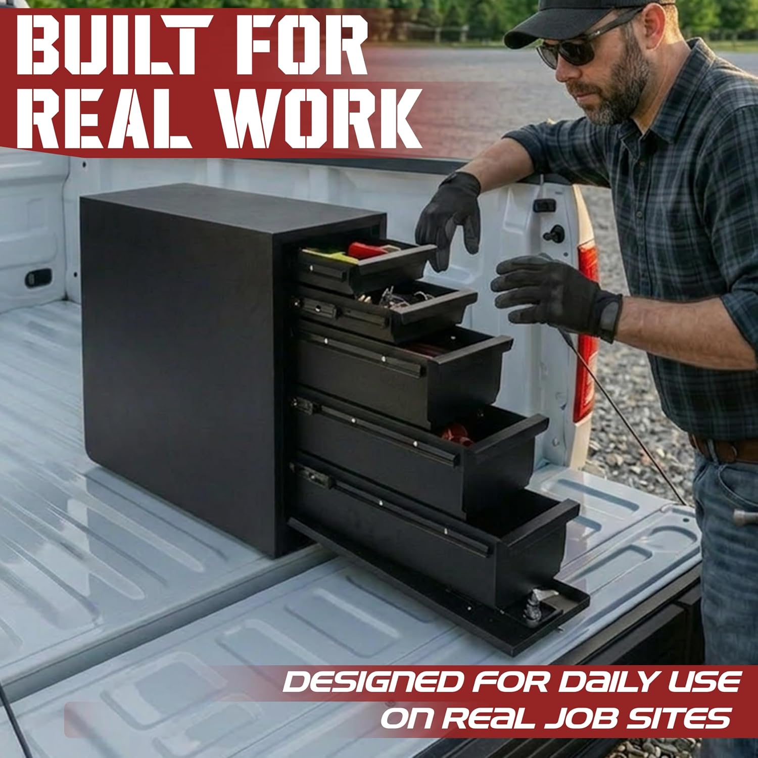Truck Bed Tool Box with 5-Drawer Slides | Lockable Heavy-Duty Tool Chest Storage for Pickup, Jobsite & Side Trucks | 8-Inch Toolbox with Key (Black Steel)