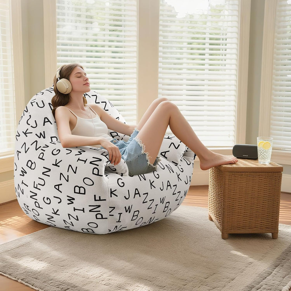 DAICO Bean Bag Chairs for Adults Comfy Bean Bag Sofa Chair with Armrests Plush Single Lazy Floor Sofas Accent Chair with Foam for Living Room Bedroom Reading Gaming Office (Letter White)