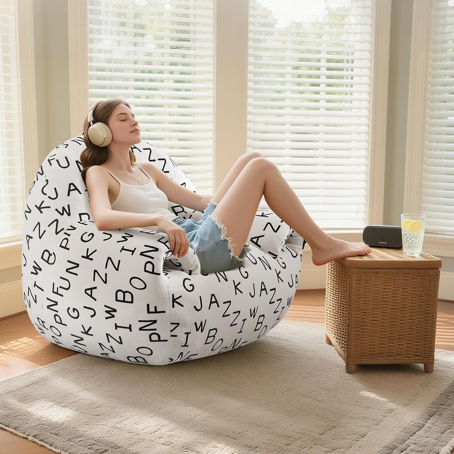 DAICO Bean Bag Chairs for Adults Comfy Bean Bag Sofa Chair with Armrests Plush Single Lazy Floor Sofas Accent Chair with Foam for Living Room Bedroom Reading Gaming Office (Letter White)