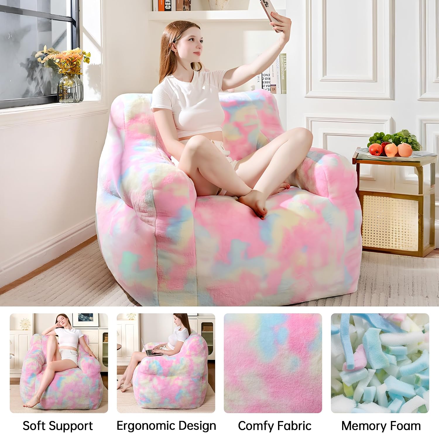 Cvortll Large Bean Bag Chairs for Adults & Teens & Kids, 3FT Memory Foam Bean Bags with Filler, Ultra Soft Faux Fur - Fluffy Bean Bag Chair for Living Room Bedroom College Dorm (Colorful Rainbow)