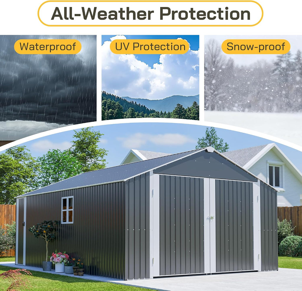 KEIKI 12x20 FT Outdoor Metal Storage Shed Garage with Double Doors, Large Capacity Steel Utility Shed for Vehicle Equipment and Garden Tool Storage, Weather Resistant Backyard Shed