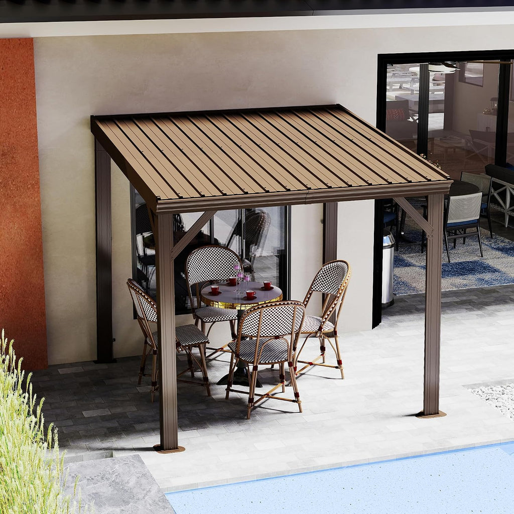 Domi 8' x 8' Lean to Gazebo, Wall Mounted Gazebos Pergola with Built in Drainage System, Galvanized Steel Roof, Hardtop Patio Shelter for Deck, Porch, Backyard and More,Brown
