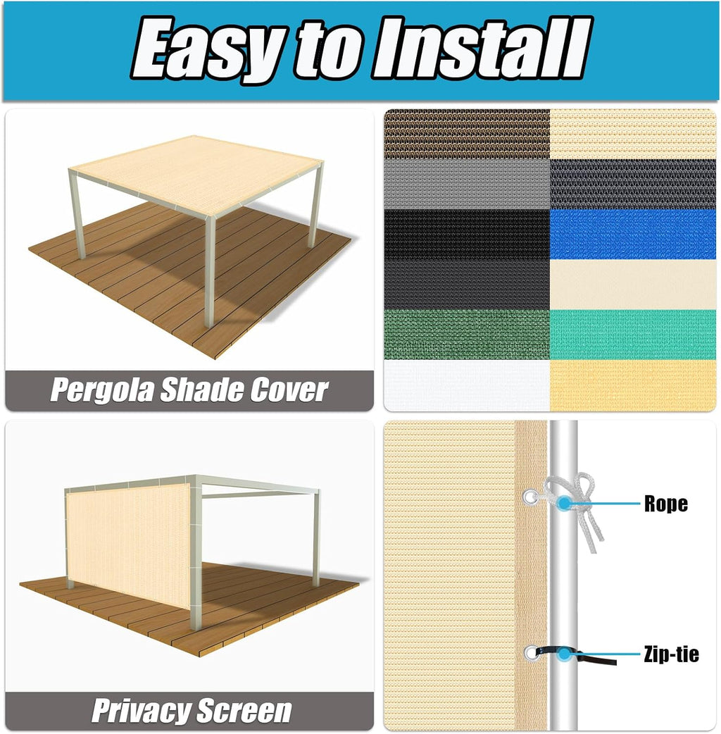 Amagenix 90% Pergola Shade Cover 12' X 20' Sun Shade Cloth with Grommets for Outdoor Garden Patio Porch, Commercial Grade 200 GSM - Cable Zip Ties Included (We Customized) GN108, Wheat
