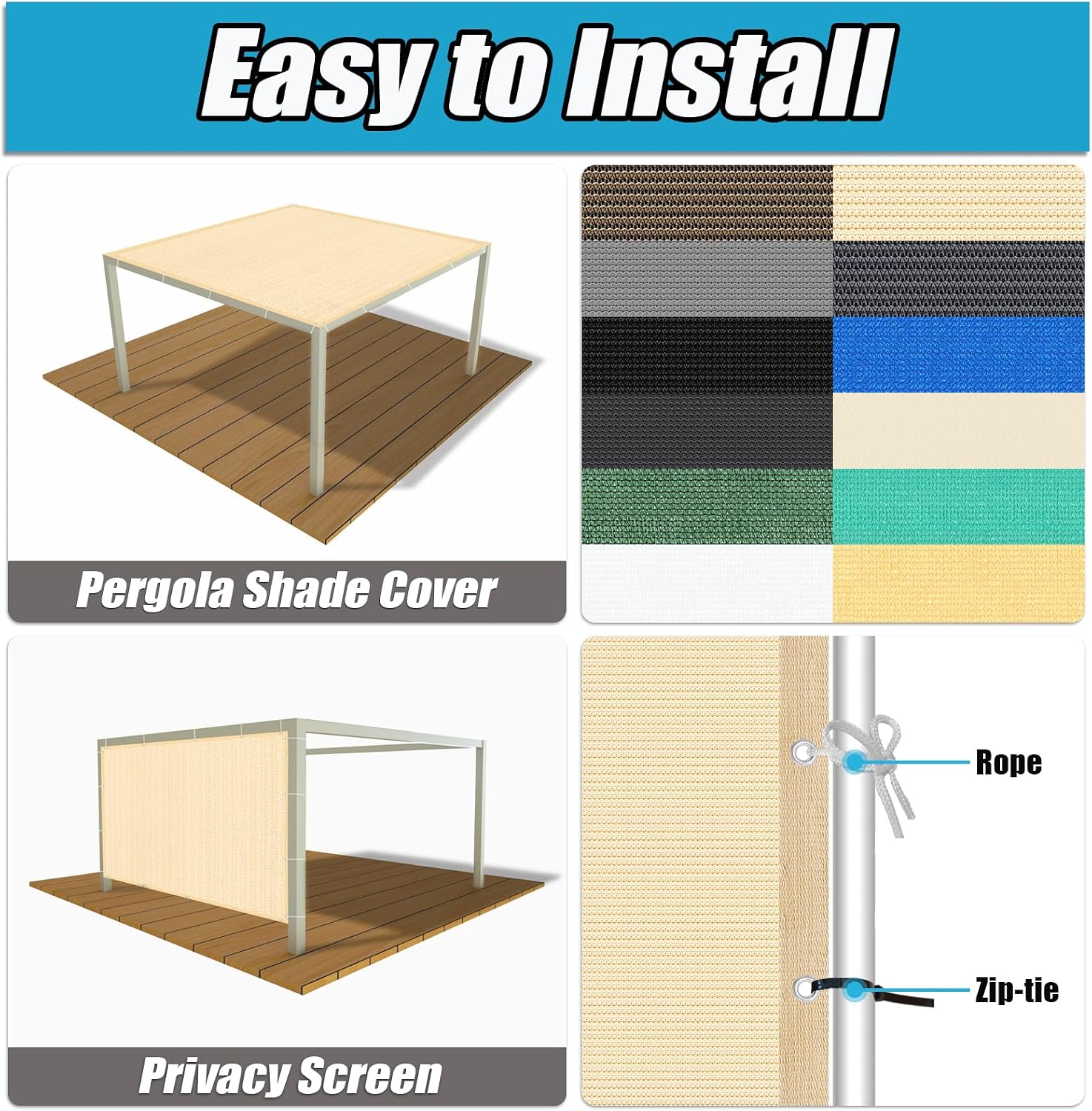 Amagenix 90% Pergola Shade Cover 12' X 20' Sun Shade Cloth with Grommets for Outdoor Garden Patio Porch, Commercial Grade 200 GSM - Cable Zip Ties Included (We Customized) GN108, Wheat