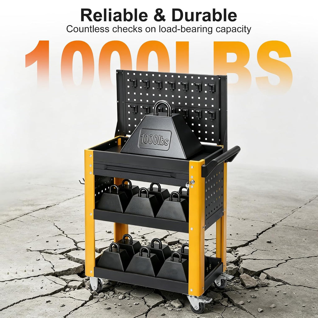 3 Tier Heavy Duty Rolling Tool Cart with Lockable Drawers & Nail Plates, 1000LBS Load Capacity Utility Cart on Wheels for Workshop, Warehouse, Garage, Shop, School & Garden