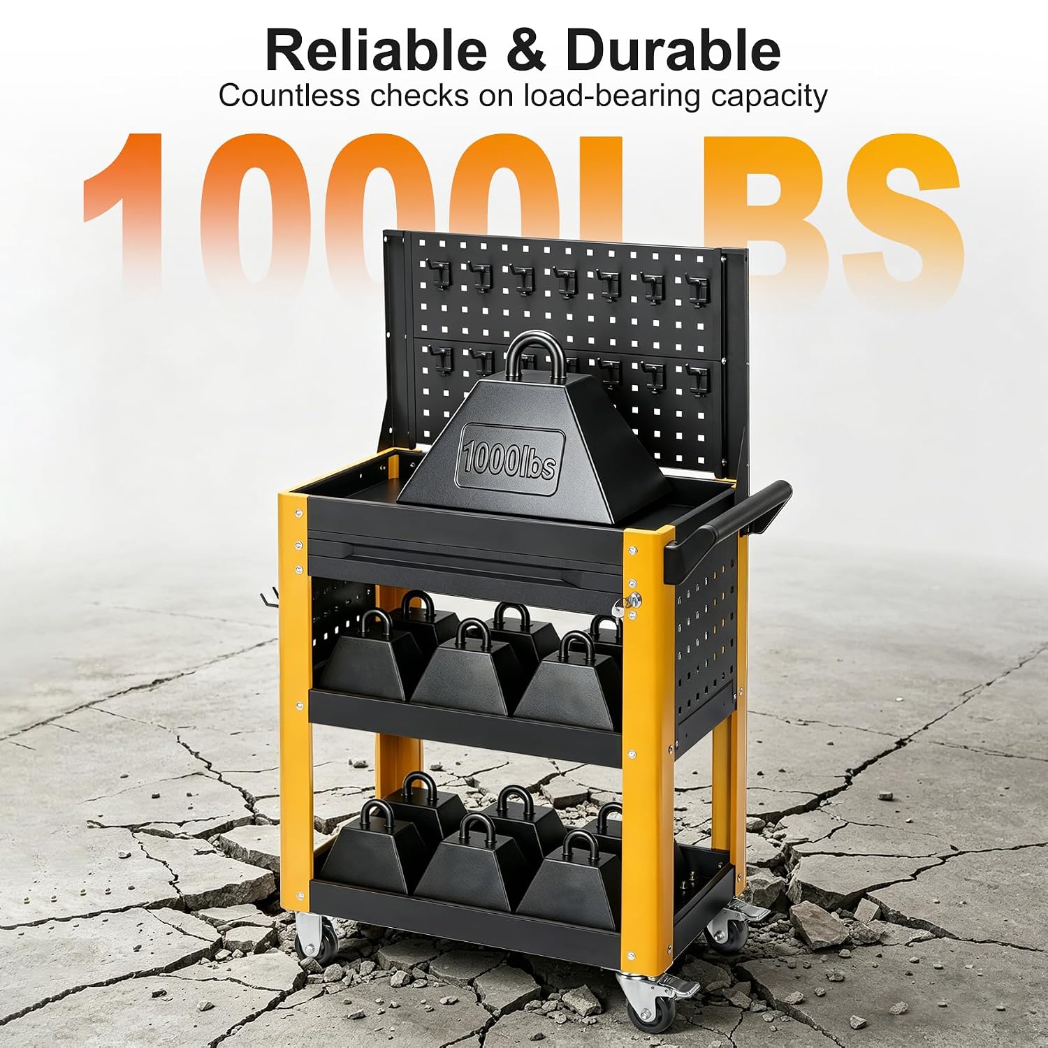 3 Tier Heavy Duty Rolling Tool Cart with Lockable Drawers & Nail Plates, 1000LBS Load Capacity Utility Cart on Wheels for Workshop, Warehouse, Garage, Shop, School & Garden