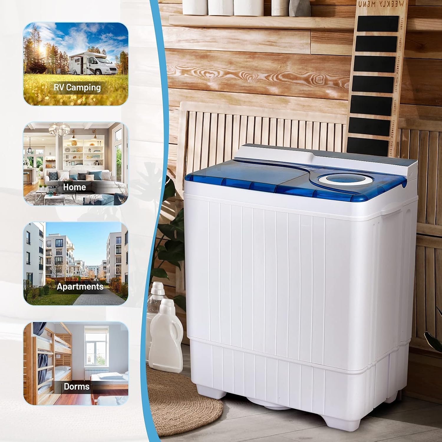 Giantex Washing Machine Semi-automatic, Twin Tub Washer with Spin Dryer, 26lbs Capacity, Built-in Drain Pump, Portable Laundry Washer, Compact Washing Machine for Apartment, Dorm and RV (White+Blue)