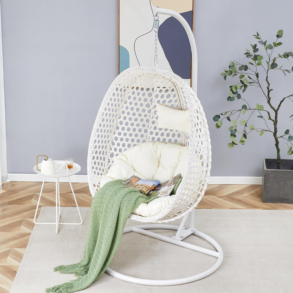 Egg Swing Chair with Stand,Rattan Swing Egg Chair with Stand, White Hanging Egg with Soft Cushion, Outdoor Hanging with Foldable Basket and Metal Stand for Bedroom Patio